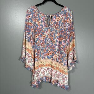Suzanne Betro Blue & Orange Floral Boho Chic Hippie Top - 2X - Women's Plus Size